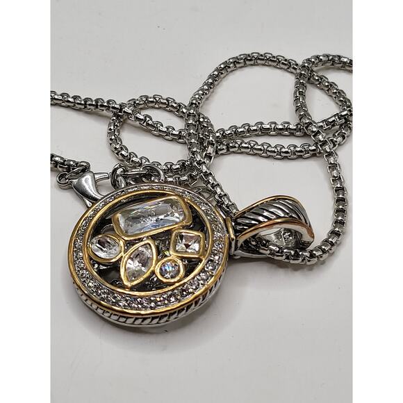 Vintage Two-Tone Pendant Necklace w/ Clear Stones & Adjustable Chain - Picture 1 of 11